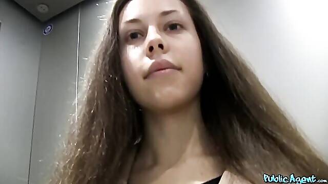 Awesome teen brunette Abril Alol fucked for money in the doggy style