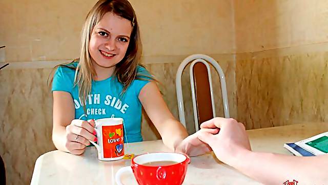 Shaved pussy takes cock inside