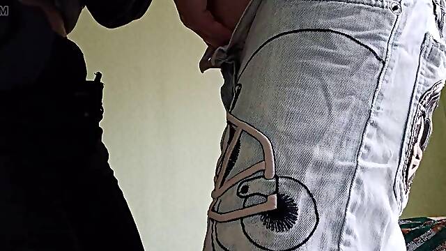 Two girlfriends rub one out and cum in jeans