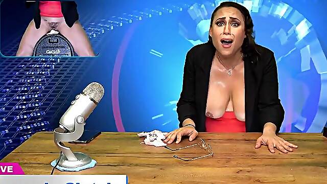 Hot MILF with huge tits masturbates live on air while reading the news