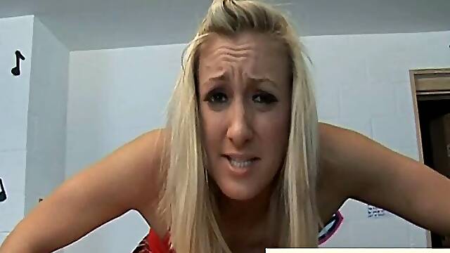 Blonde strips naked and slaps dick hard