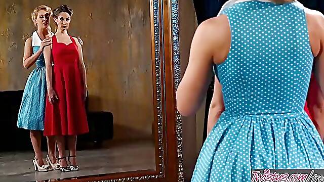 Beautiful ladies in vintage dresses, Cassidy Klein and Cherie Deville seem to like each other a lot