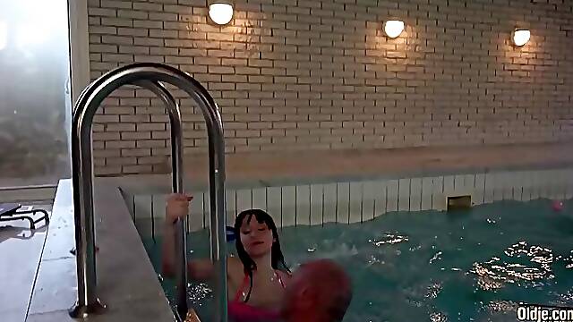 Elderly man is fucking a fresh brunette while her boyfriend is out of town, with friends