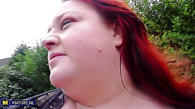 Horny redhead SSBBW Missy Voluptous masturbates with black dildo