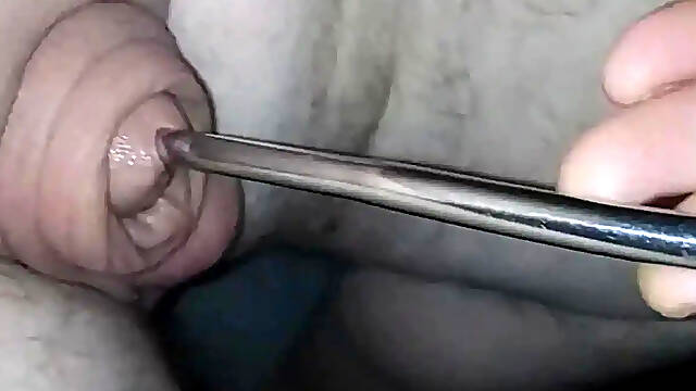 Man moans with pleasure as huge flaccid cock is sounded