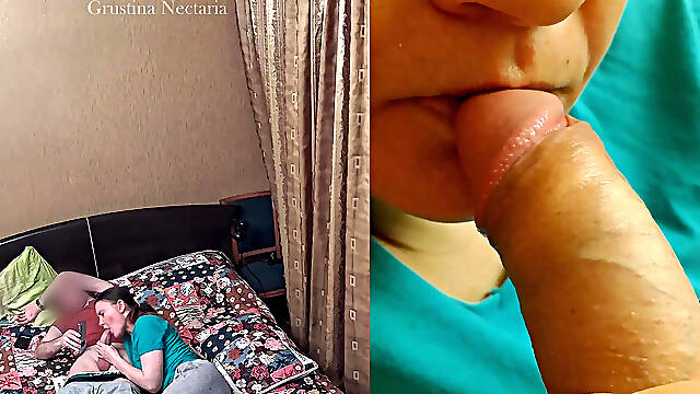 Real Russian couples spontaneous bedroom blowjob, filmed on two cameras