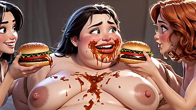 Obese Ugly Slave Covered in Food - Humiliated by Gorgeous Mistresses