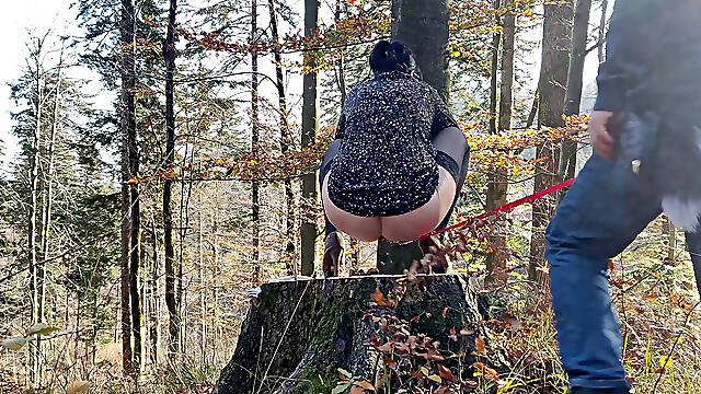 Desperate to Pee, She Has to Pee with Leashed Butt Outdoor