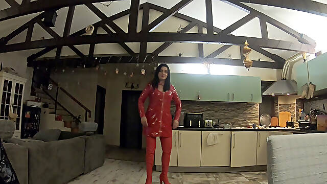 Red Leather Dress and Thigh High Boots Tease. Tight Fit, No Bra and Pure Anticipation