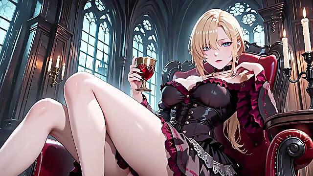 Blonde in a Black Gown Swaying on Red Velvet, Candlelight Gaze and Fan Teasing the Collarbone