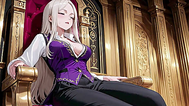Blonde Queen in Purple Court Uniform! Lazy on the Throne, Eyes Full of Lust
