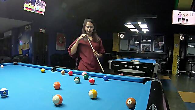 Asian babe sucks your cock in POV while wearing a sexy thong and flaunting her luscious locks